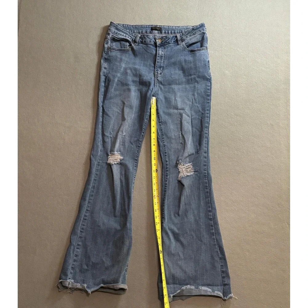 Pink Label Denim Co Distressed Flare Jeans Stretch Blue Sz Wide leg Y2K